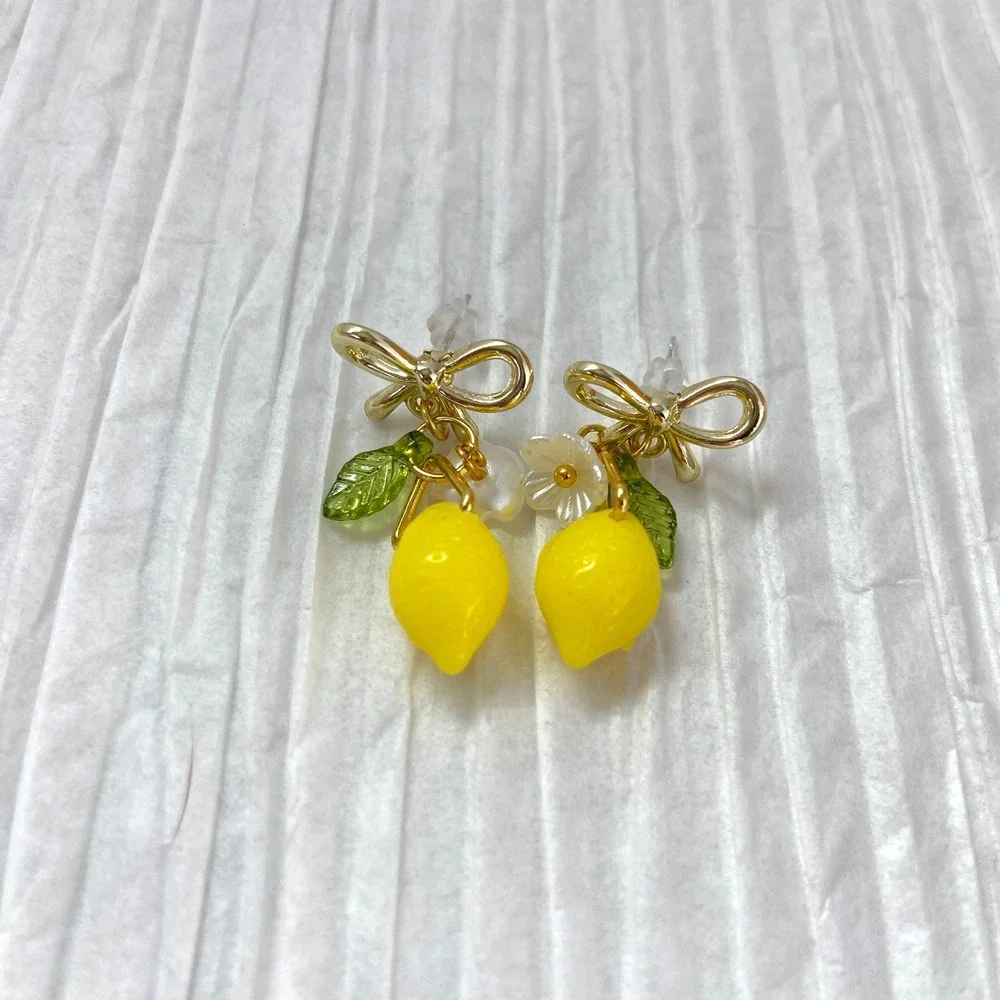 Lemon Fruit Flower‎ Blossom Gold Tone Bow Dangle Drop Earrings - Picture 3 of 10